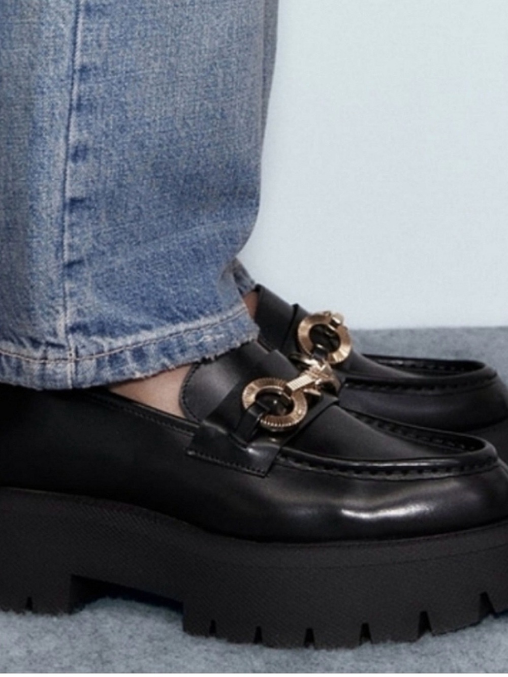 ZARA Black  Leather Chunky Loafer with Chain-Trim Platform  Shoes Sz 36